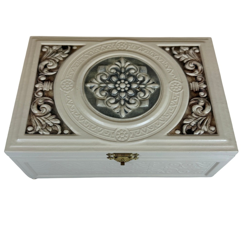 Vintage Cream Ornate Jewelry Box Faux Leather Keepsake Chest with Key Gold Feet